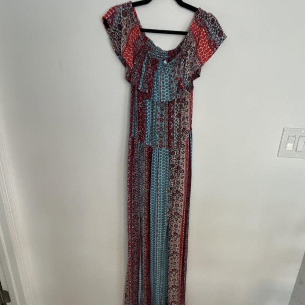 Xhilaration Women's Multicolor Floral Boho Ruffle Long Dress w/ Pockets, L